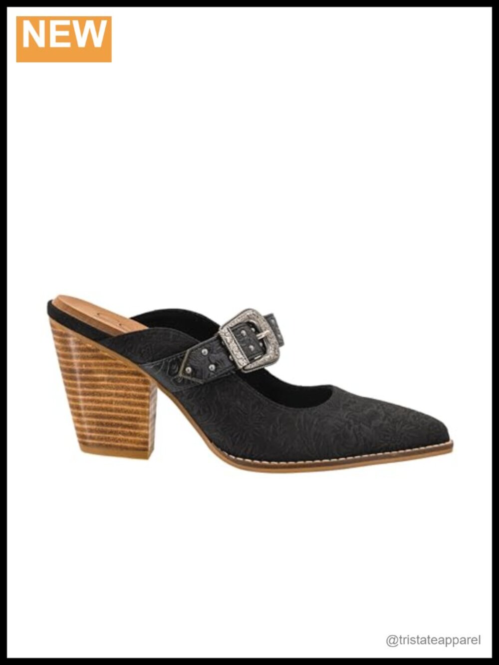 Heeled Mule Pointed Toe Slip On Adjustable Western Buckle Strap 2 Inch Stacked